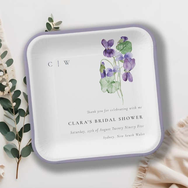 Pretty Monogram Violet Floral Bunch Bridal Shower Paper Plate (Creator Uploaded)