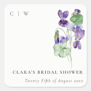 Pretty Monogram Violet Floral Bunch Bridal Shower Square Sticker