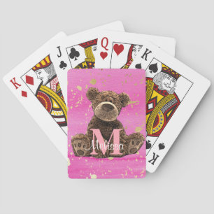 Pretty Monogram Watercolor Kid's Pink Teddy Bear  Playing Cards
