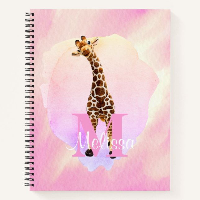 Pretty Monogram Watercolor Name Kids Giraffe  Notebook (Front)