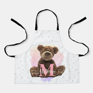 Pretty Monogram Watercolor Name Pink Teddy Bear Apron