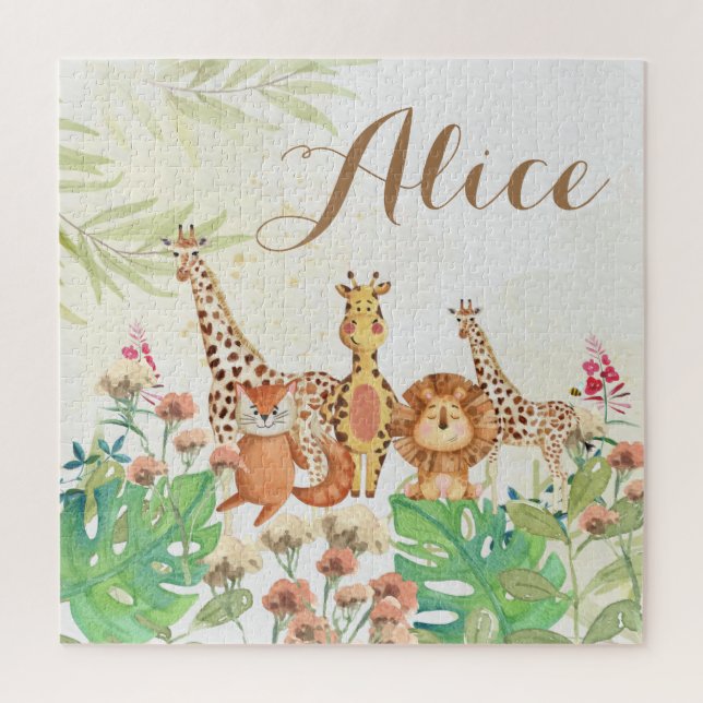 Pretty monogram woodland safari greenery kids      jigsaw puzzle (Vertical)