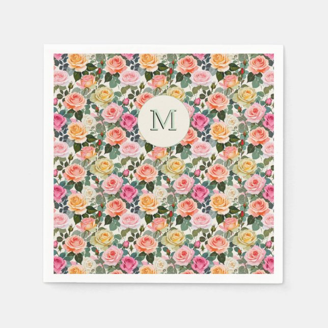 Pretty Monogrammed Floral Garden Roses Elegant Napkin (Front)