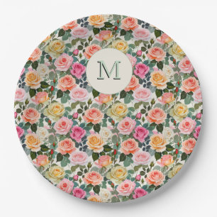 Pretty Monogrammed Floral Garden Roses Elegant Paper Plate