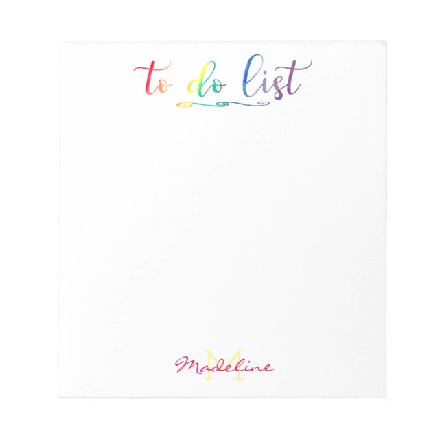 Pretty Monogrammed To Do List Modern Rainbow Notepad (Front)