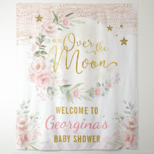 Pretty Moon Stars Blush Floral Baby Girl Welcome Tapestry