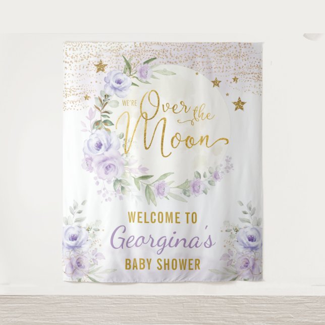 Pretty Moon Stars Purple Floral Baby Girl Welcome Tapestry (Front)