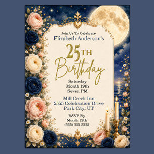 Pretty Moonlit Water Peony 25th Birthday Party Invitation