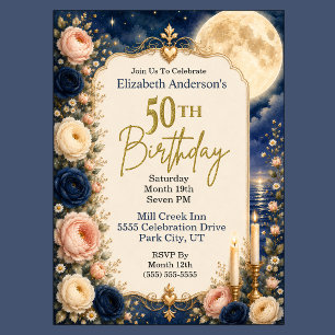 Pretty Moonlit Water Peony 50th Birthday Party Invitation