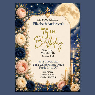 Pretty Moonlit Water Peony 75th Birthday Party Invitation