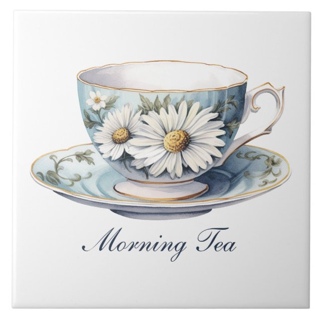 Pretty "Morning Tea" Floral Teacup Ceramic Tile (Front)
