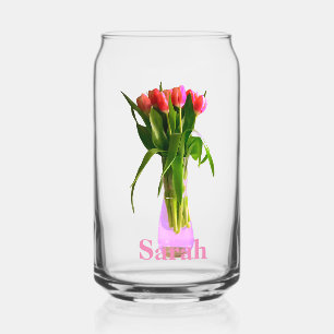 Pretty Mother’s Day Pink Tulips Photograph+ Name Can Glass