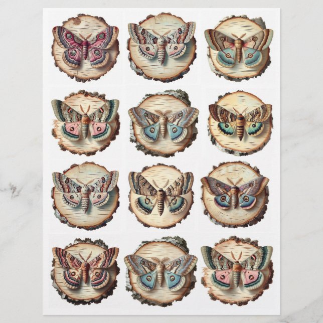 Pretty Moths Painted on Birch Slices Illustrations (Front)