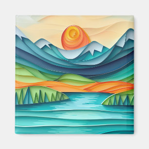 Pretty Mountain Sunset Lake Landscape Abstract Magnet