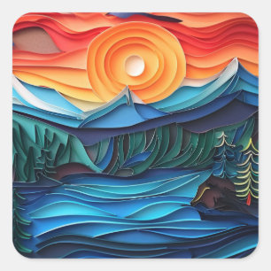 Pretty Mountain Sunset Lake Landscape Abstract Square Sticker
