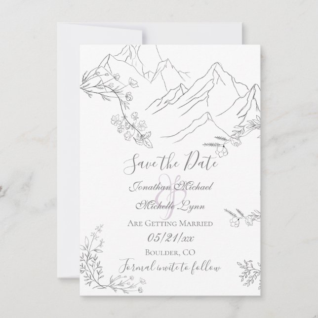 Pretty Mountains, Flowers and Branches Wedding Save The Date (Front)