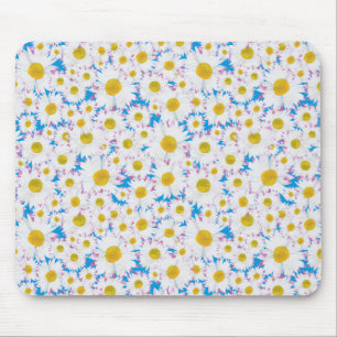 Pretty Mousepad: Ditzy White Daisies on Blue Mouse Mat