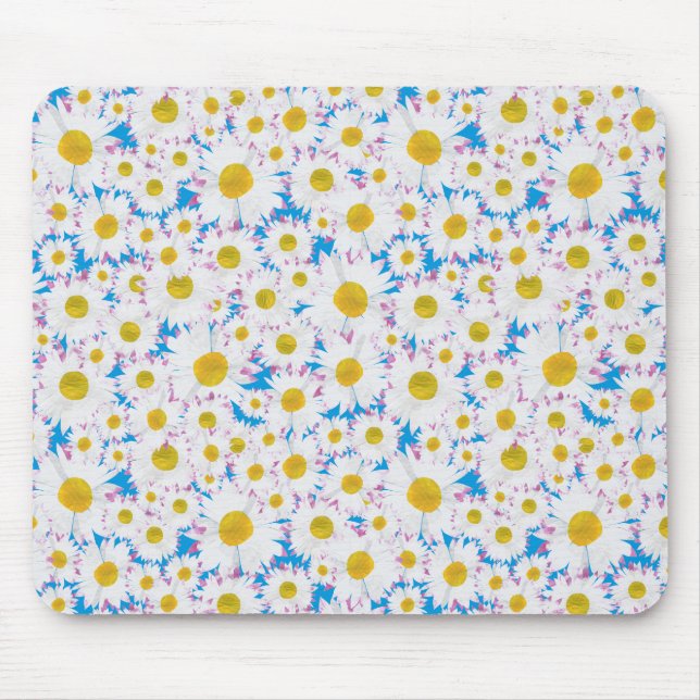 Pretty Mousepad: Ditzy White Daisies on Blue Mouse Mat (Front)