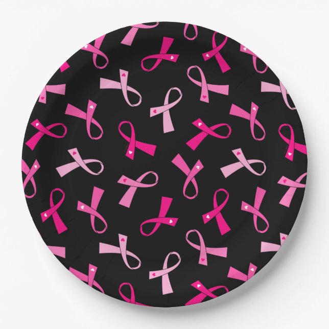 Pretty Multi Pink Breast Cancer Ribbon Pattern Paper Plate (Front)