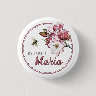 Pretty Name Tag Flower Pink Rose My Name Is 3 Cm Round Badge