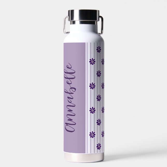 Pretty Name Violet Stripes and Purple Flowers Water Bottle (Front)