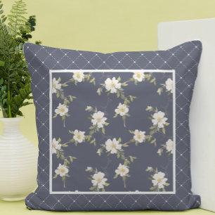 Pretty Navy and White Floral Panel Cushion