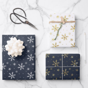Pretty Navy Blue  Christmas Snowflake Trio Mix Wrapping Paper Sheet