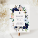 Pretty Navy Blue Nautical Flowers | Bat Mitzvah Invitation<br><div class="desc">This stylish and trendy Bat Mitzvah invitation features a modern rectangular frame with nautical coloured watercolor flowers. Hydrangea, peony, and anemone flowers appear in shades of navy blue, light blue, and blush pink with green and neutral beige leaves, along with starfish. The background of the card is decorated with a...</div>