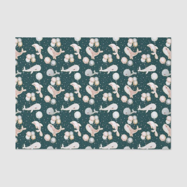 Pretty Navy Blue Pink Grey Whale Dolphin Balloon Tissue Paper (Front)