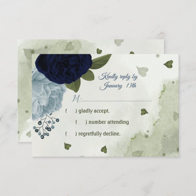 pretty navy & dusty blue flowers greenery RSVP card (Front/Back)