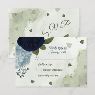 pretty navy & dusty blue flowers greenery RSVP card