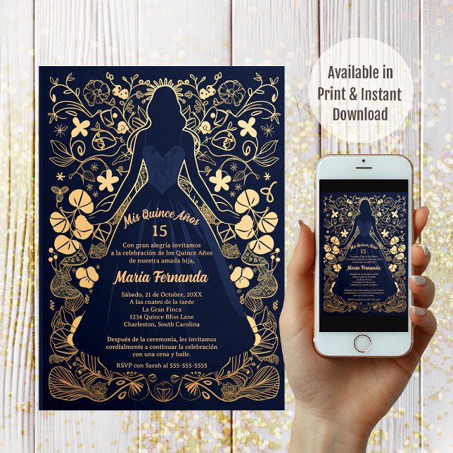 Pretty Navy Gold Mis Quince Años Quinceañera  Invitation (Creator Uploaded)