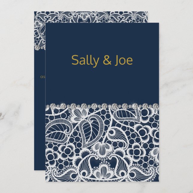 Pretty Navy Lace Diamond Wedding Invitation (Front/Back)