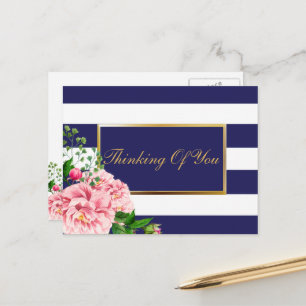 Pretty Navy Stripes And Roses Floral Personalised Postcard