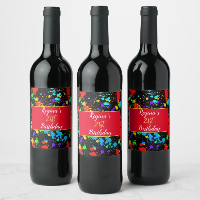 Pretty Neon Paint Splatter Red Blue Purple Yellow Wine Label (Bottles)