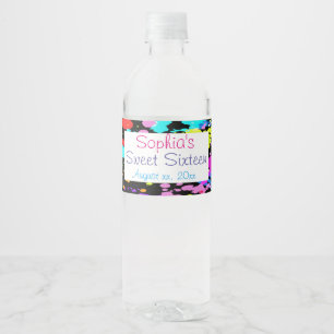 Pretty, Neon Paint Splatter, Sweet Sixteen, Custom Water Bottle Label