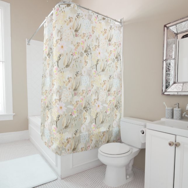 Pretty neutral abstract cream pink floral shower curtain (In Situ)
