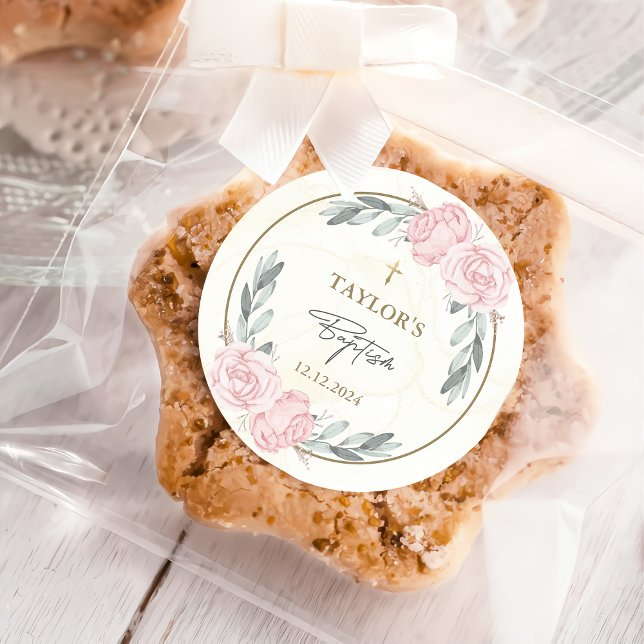 Pretty Neutral Watercolor Floral Baptism Classic Round Sticker (Creator Uploaded)