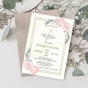 Pretty Neutral Watercolor Floral Baptism Invitation