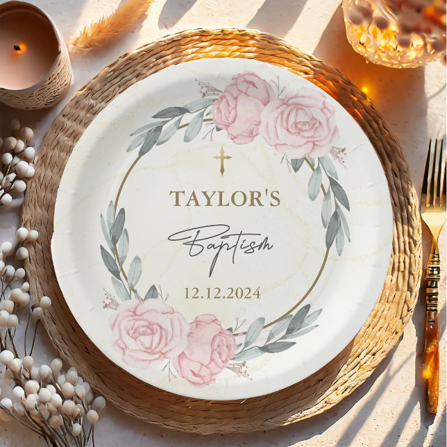 Pretty Neutral Watercolor Floral Baptism Paper Plate (Creator Uploaded)