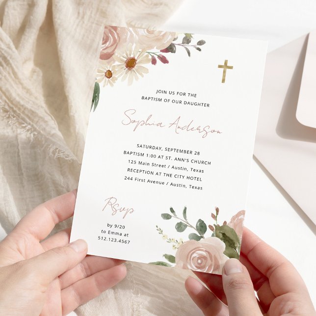 Pretty Neutral Watercolor Floral | Boho Baptism Invitation (Creator Uploaded)