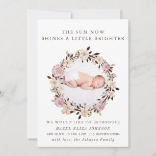 Pretty Newborn Baby Girl Photo Floral Wreath Holiday Card