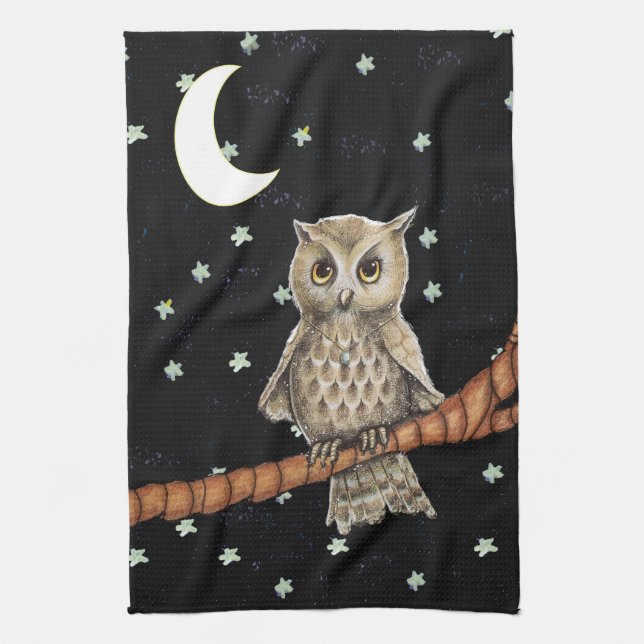 Pretty Night Owl Necklace Moon Stars on Black Tea Towel (Vertical)