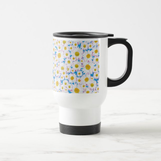 Pretty Non-spill Travel Mug: Ditzy Daisies on Blue Mug (Right)