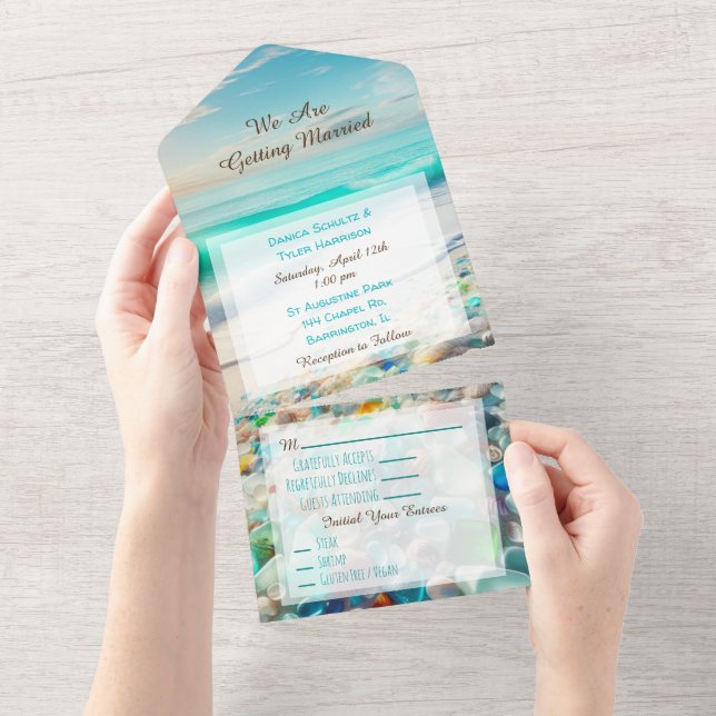 Pretty Ocean and Sea Glass Wedding All In One Invitation (Tearaway)