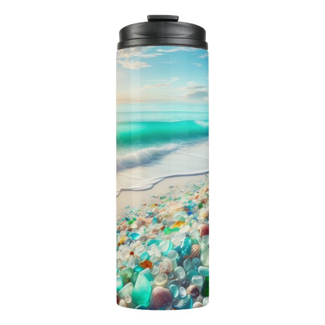 Pretty Ocean Beach with Sea Glass Thermal Tumbler (Front)