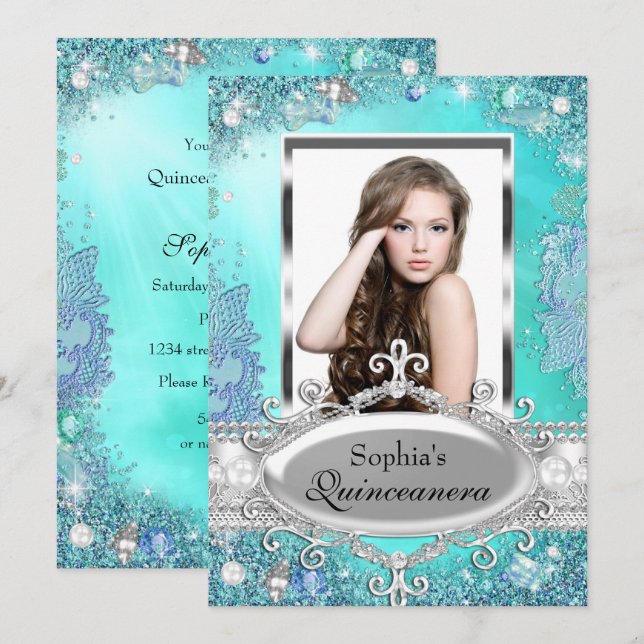Pretty Ocean Jewel Photo Quinceanera Invitation (Front/Back)