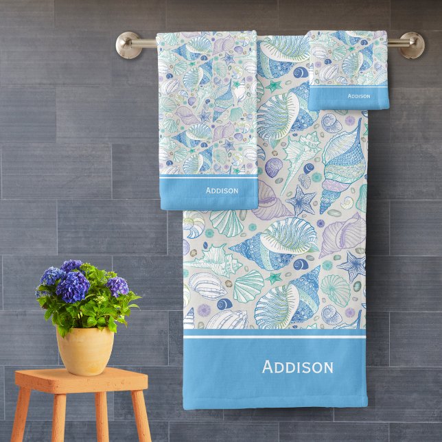 Pretty Ocean Seashell Pattern with Name Blue Bath Towel Set (Creator Uploaded)