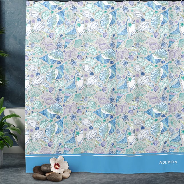 Pretty Ocean Seashell Pattern with Name Blue  Shower Curtain (Creator Uploaded)
