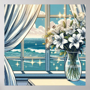 Pretty Ocean View and Vase of Flowers  Poster